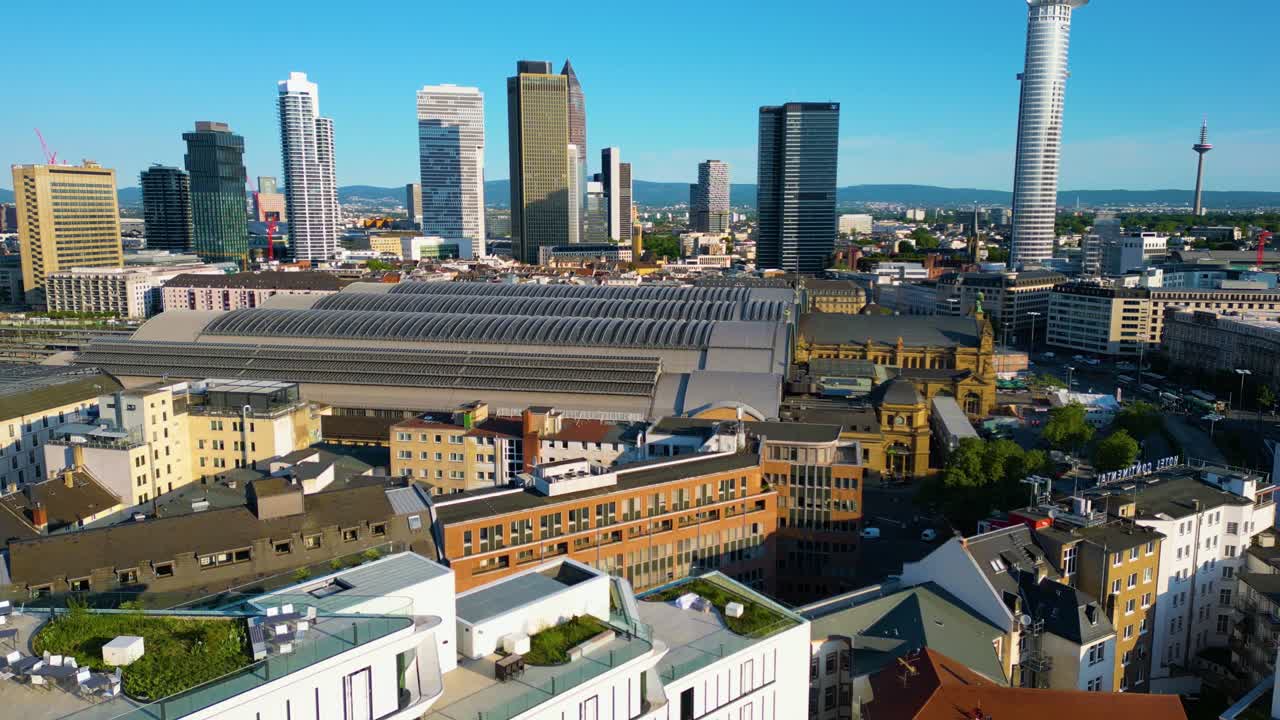 4K Aerial Drone Video of Historic Train Station and Modern Office Buildings in Downtown Frankfurt, Germany