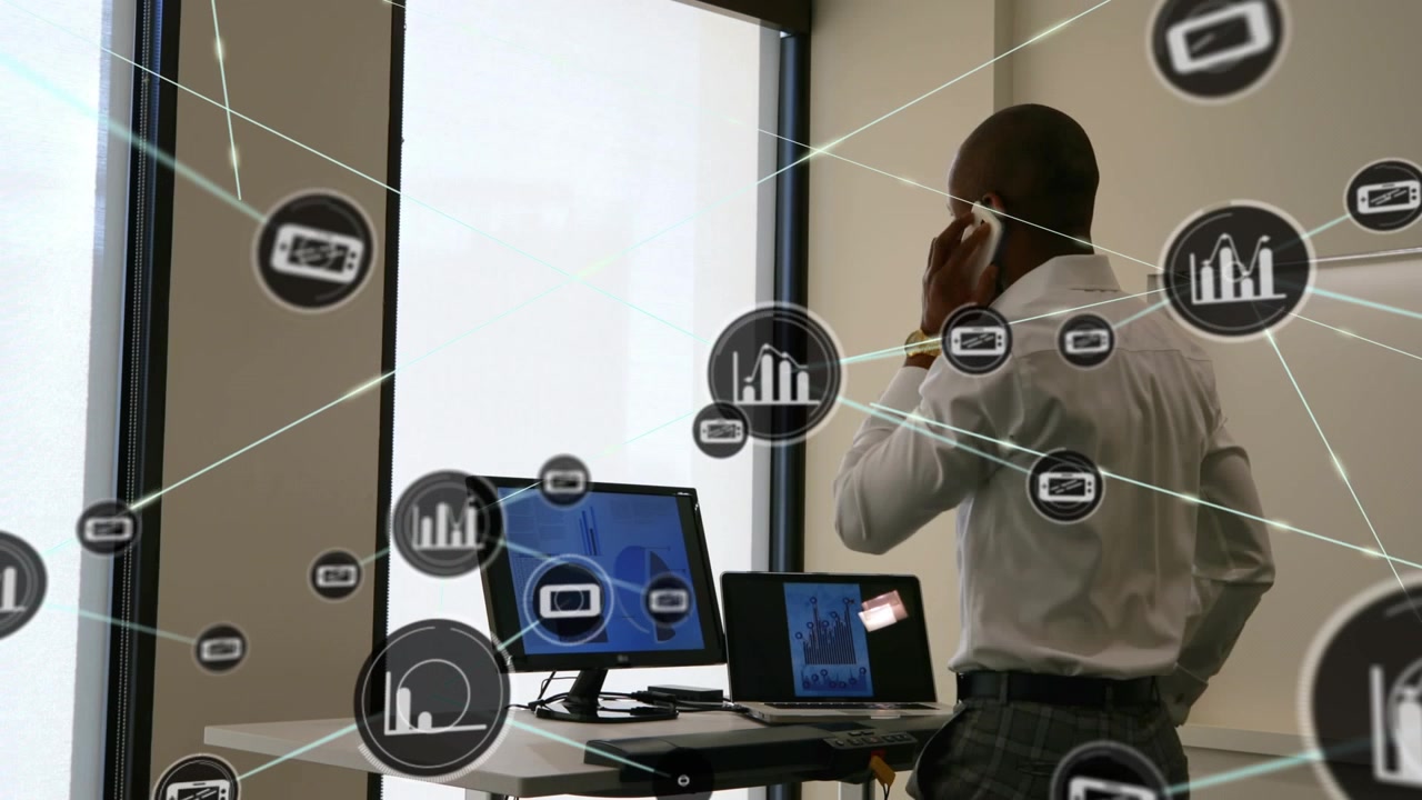 Businessman Talking on Phone in Office with Digital Data Network Overlay