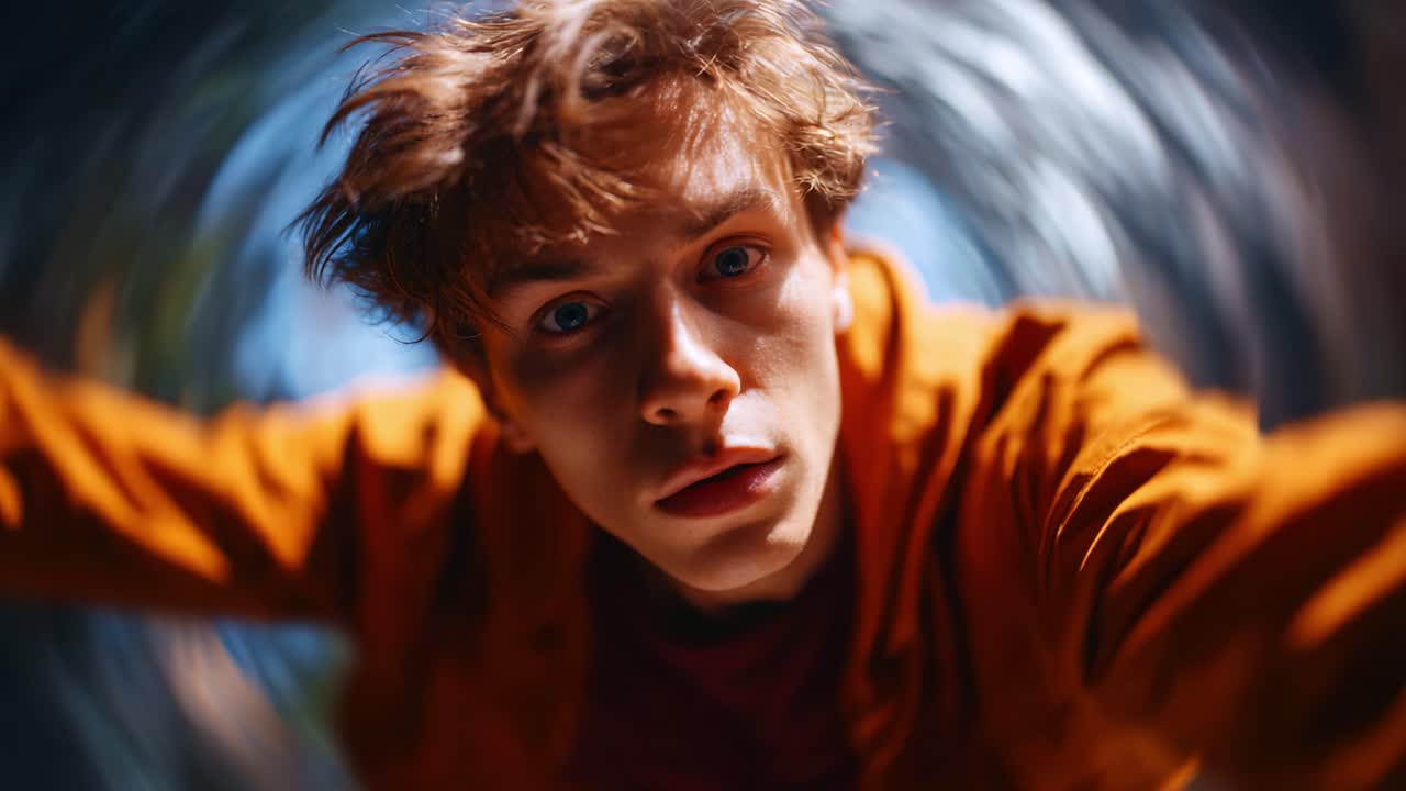 Un giovane uomo in una prospettiva distorta: vivere un momento surreale di contemplazione e introspezione in mezzo a uno sfondo turbinante di colori vibranti