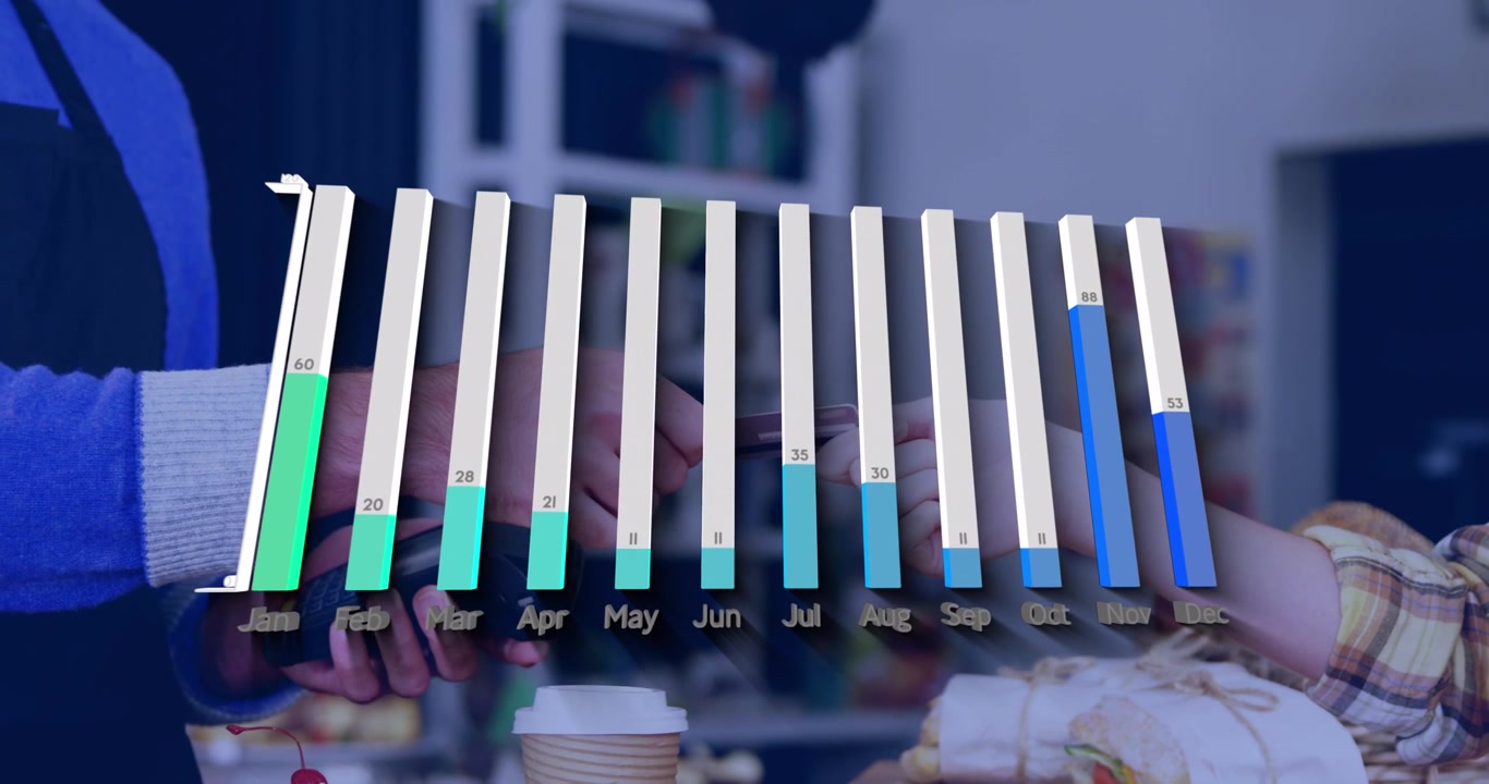 Animation of statistical data processing over mid section of woman making a payment by credit card