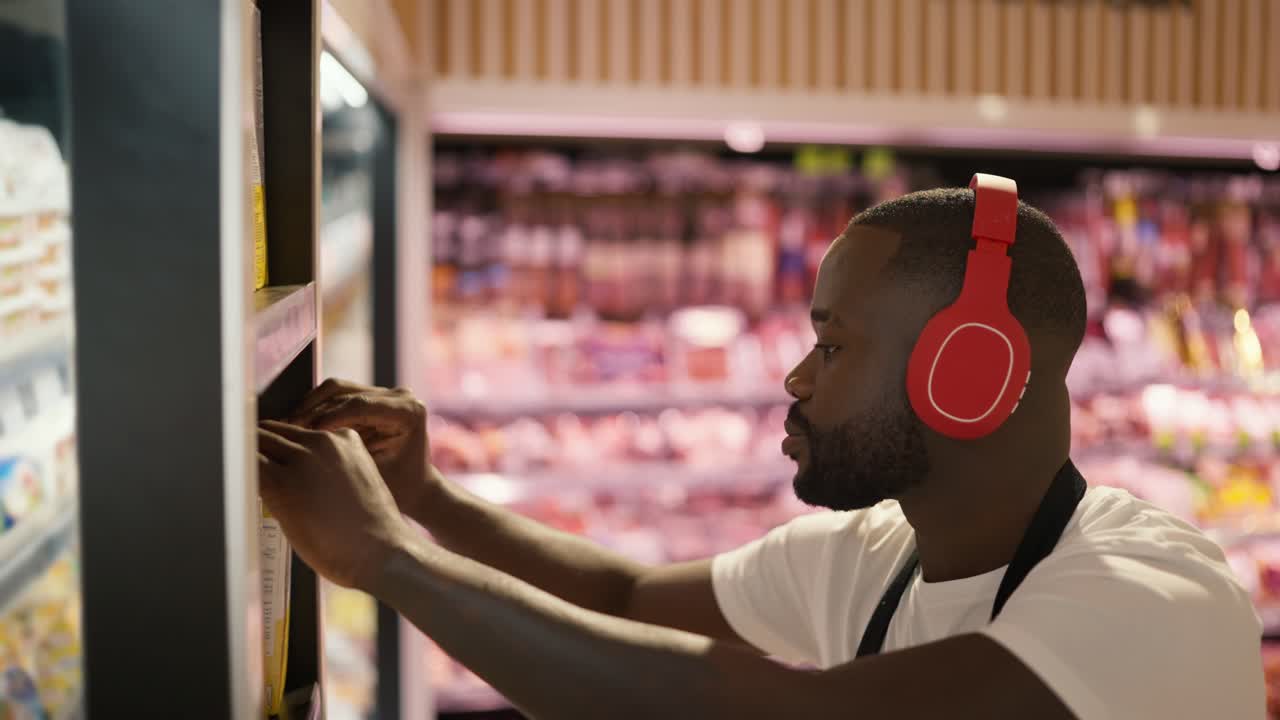 Close-up shot of a Black-skinned man in red headphones and a black apron adjusting goods on the shelves in a supermarket
