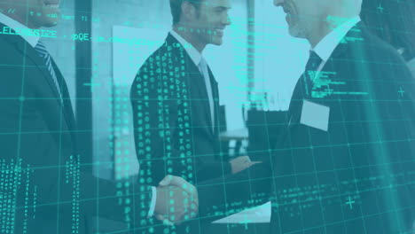 animación de procesamiento de datos sobre diversas personas estrechando la mano en la oficina