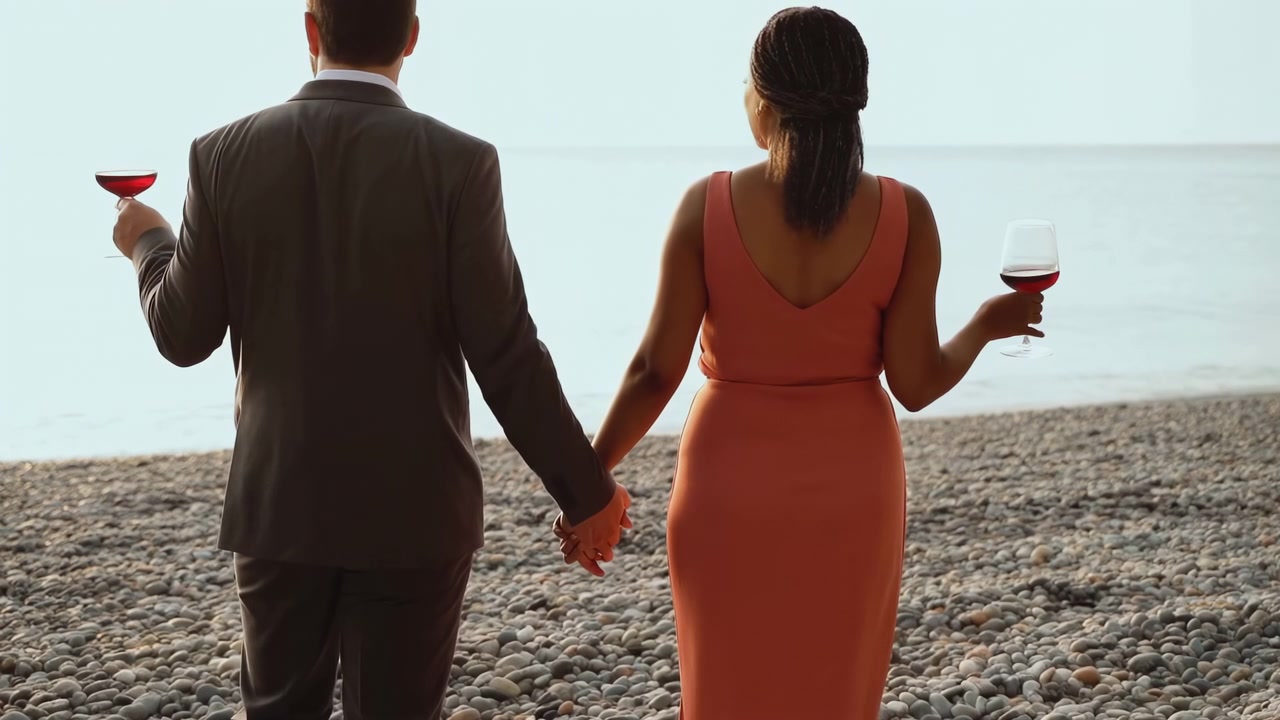 Two figures move slowly beside shoreline with wine cups in hand, viewed from behind against open water and soft natural light, showing beach scenery, textured stones, and peaceful outdoor moment.
