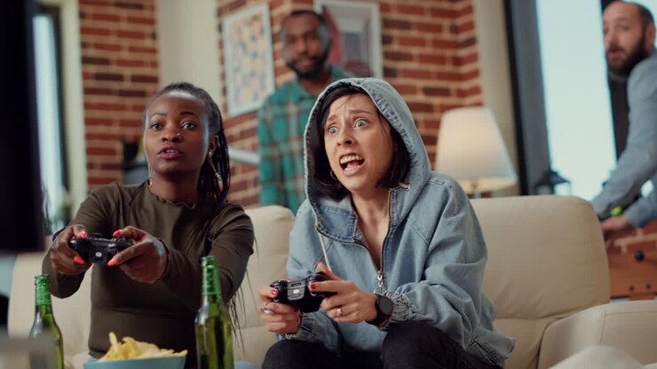 Excited group of friends celebrating video games win