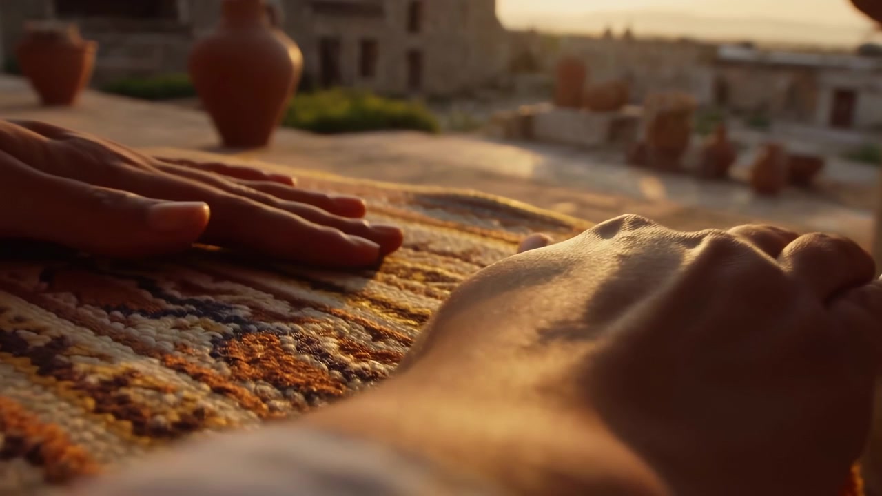 Una mano che tiene una salsiccia sopra una tovaglia in un ambiente esterno con edifici e un cielo sereno, creando un'atmosfera casual e rilassata. Questa scena è di preparazione del cibo.