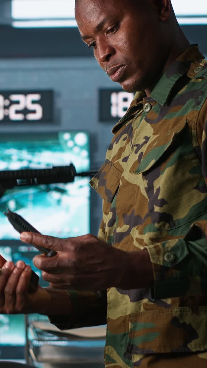 Vertical video Close up of military unit in command center packing handgun