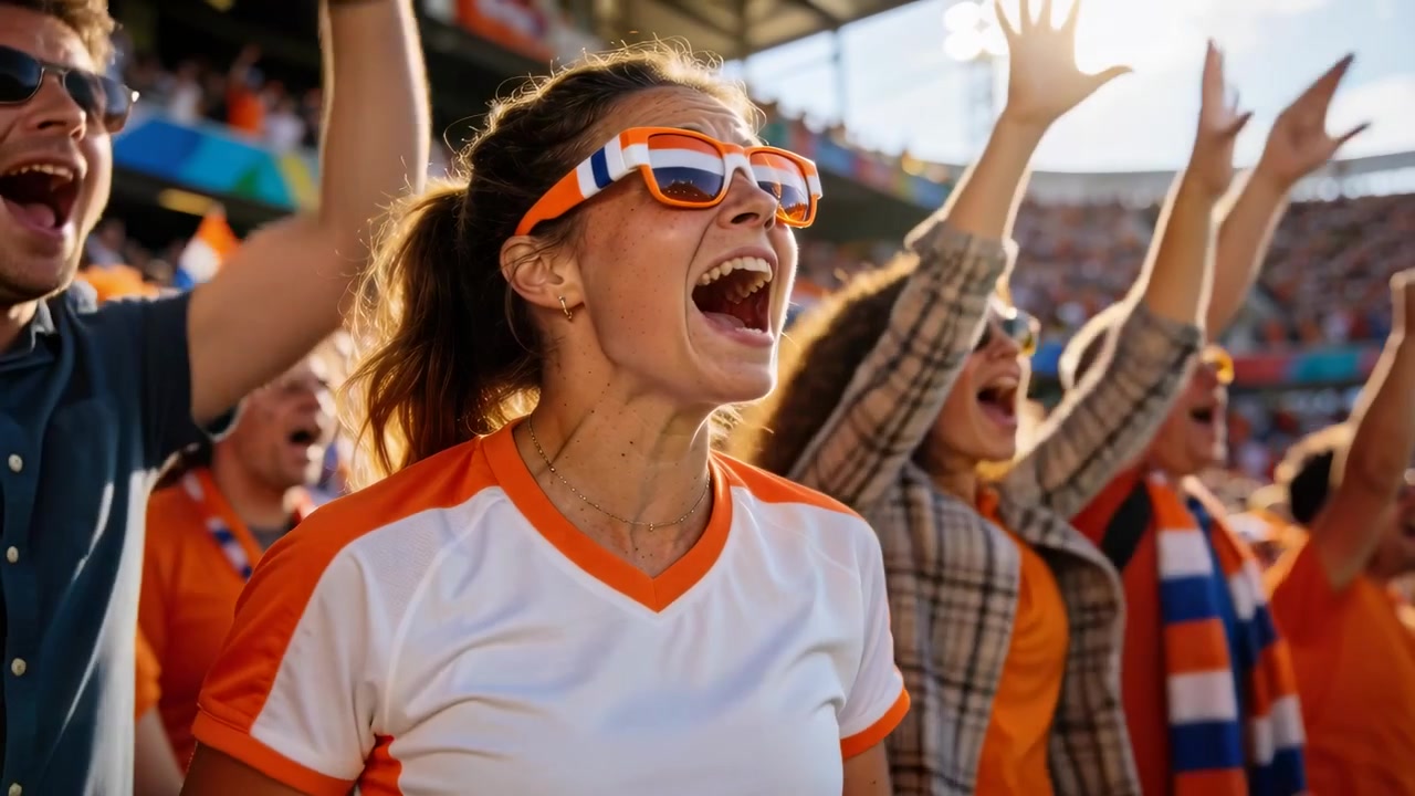 Råbende kvindelig fan reagerer på mål på banen, klapper på første række med orange- og blåt pandebånd.