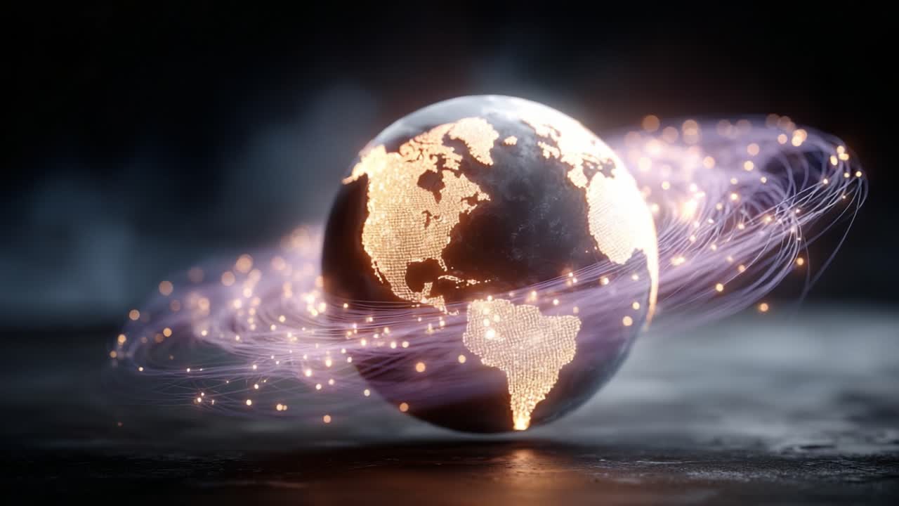 A Stunning Visualization of Earth Surrounded by Swirling Streams of Light, Highlighting the Planet's Connectivity and Global Interaction in a Dazzling Display