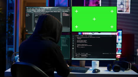 close up of hacker running code in apartment on pc monitors