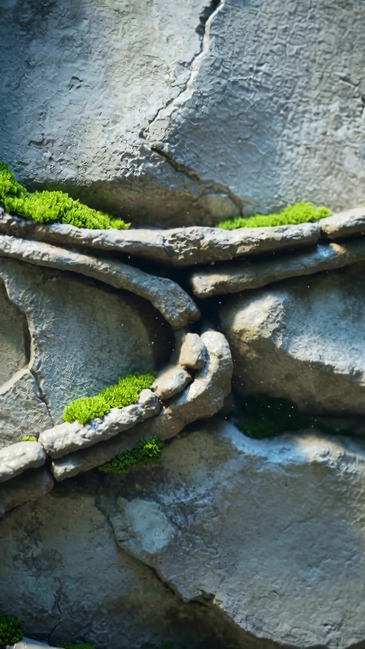Vertical video: Panning camera revealing ridged stone face at rock wall, showing moss, crack, pool