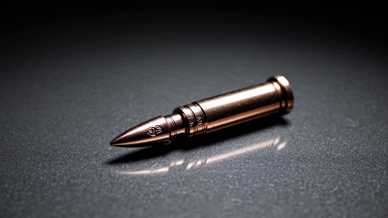 Close-up, low-angle shot of a bullet on a reflective surface, highlighting its metallic texture