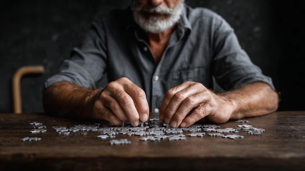 A Focused Elderly Man Assembles a Puzzle, Showcasing Precision and Patience as He Connects Individual Pieces Together with Skilled Hands