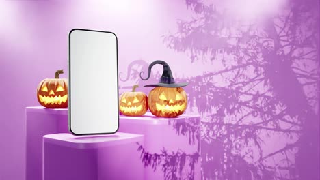 Smartphone-mockup-with-three-jack-o'-lanterns,-on-pink-background