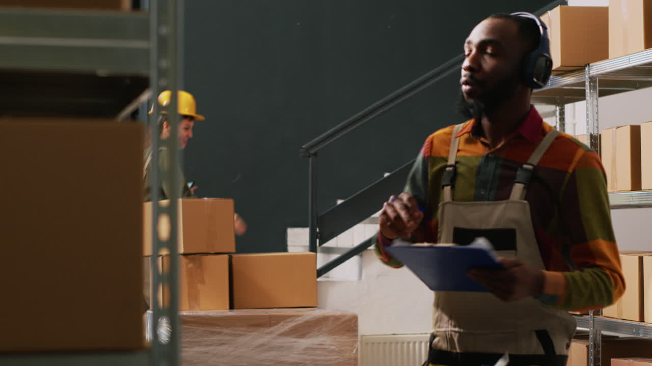 Warehouse worker with clipboard checking stock inventory