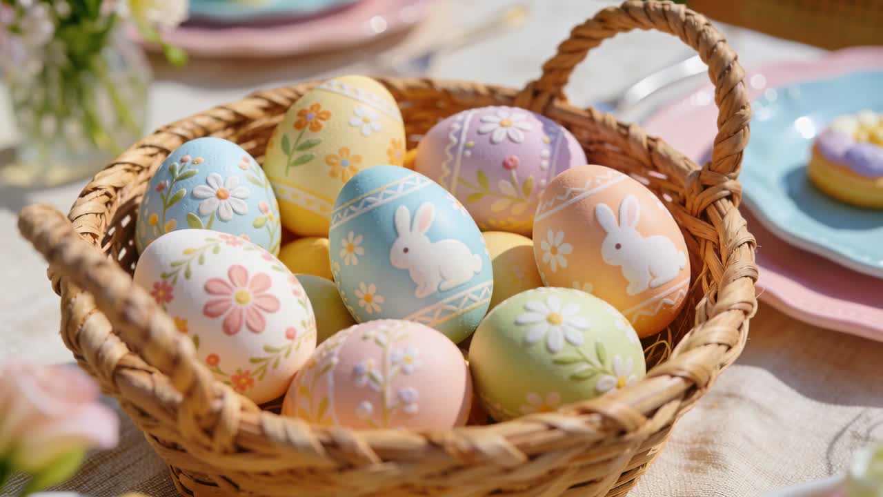 Panning camera from center of woven basket on sunlit table, revealing pastel eggs showing detail