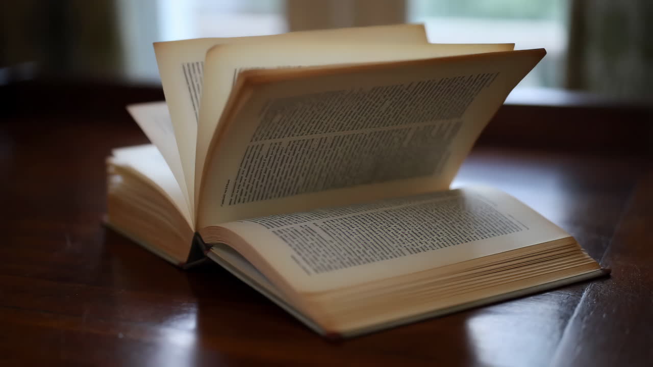 An open book resting on a wooden table