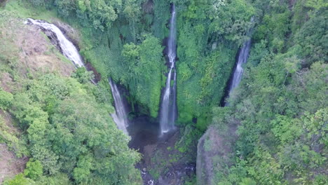 cascadas sekumpul, impresionante paisaje con árboles verdes en un día soleado, toma aérea en tiempo real