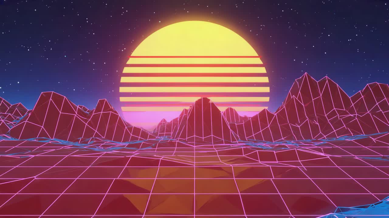 Synthwave Landscape with Sunset and Grid