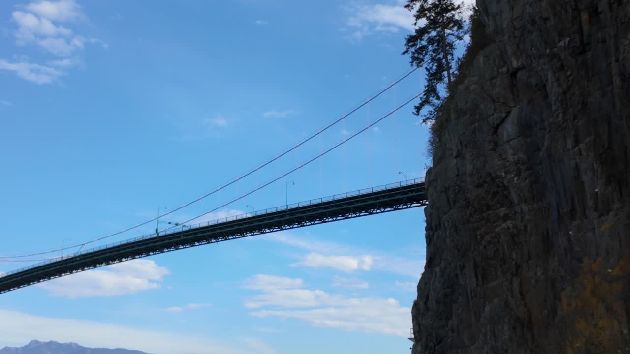 Gimbal close-up panning shot of Lions Gate Bridge at Stanley Park in Vancouver, British Columbia, Canada. 4K
