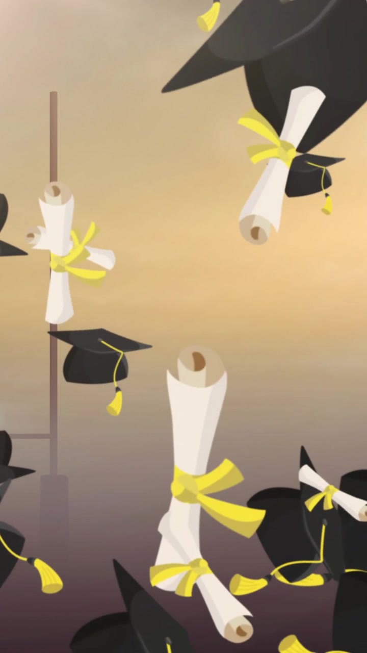 Animazione di cappelli di laurea e diplomi su sfondo di tramonto