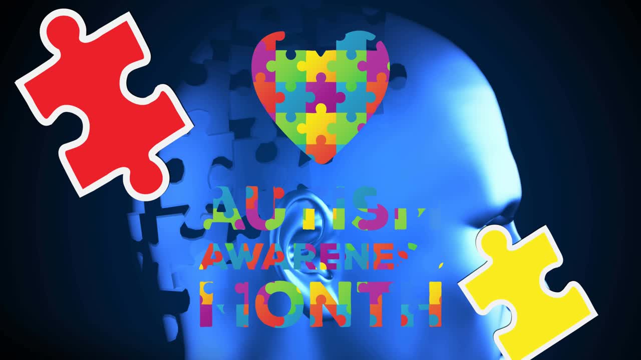 다채로운 퍼즐 조각의 애니메이션과 파란 머리 위의 자폐증 인식 달 텍스트