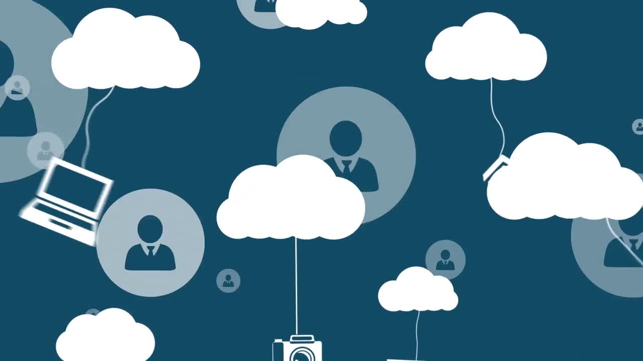 animación de nubes e iconos de medios en fondo azul
