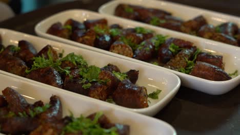 view of food in open buffet, close up shot, high angle shot