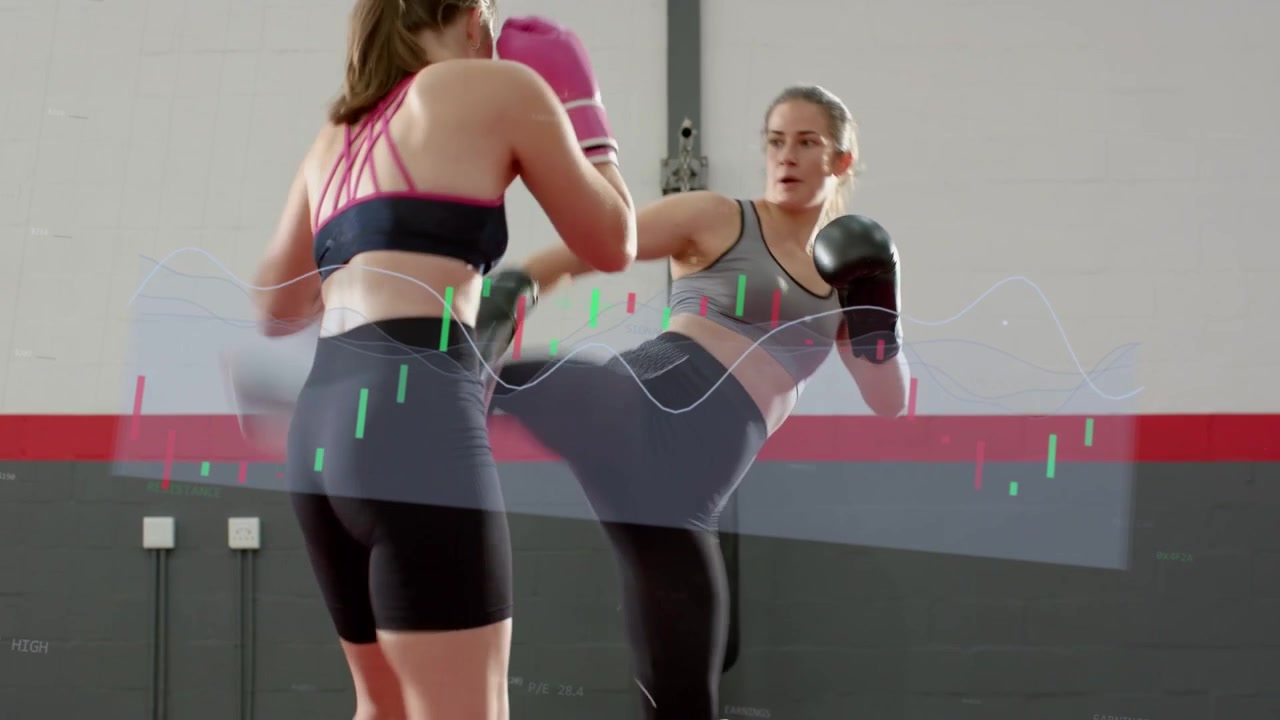 Two women sparring squaring up, exchanging jabs and kicks for boxing, candlestick waveform moving