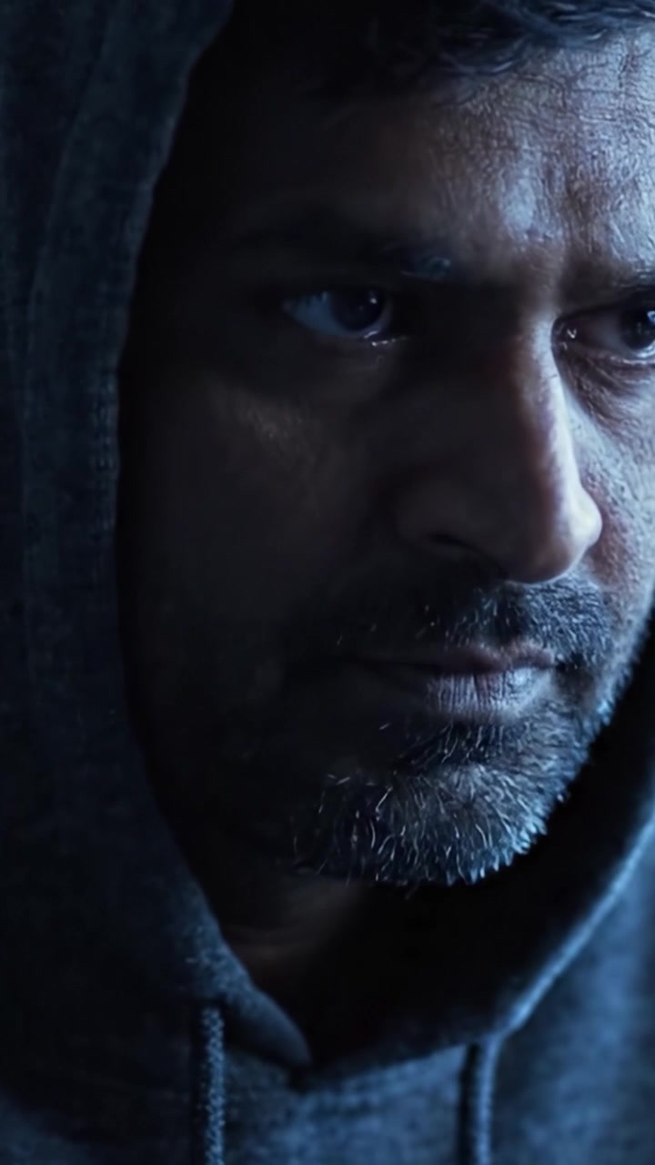 Intense Portrait of a Man in a Hoodie Captured in Dramatic Lighting, Reflecting Emotion and Depth in a Contemplative Moment