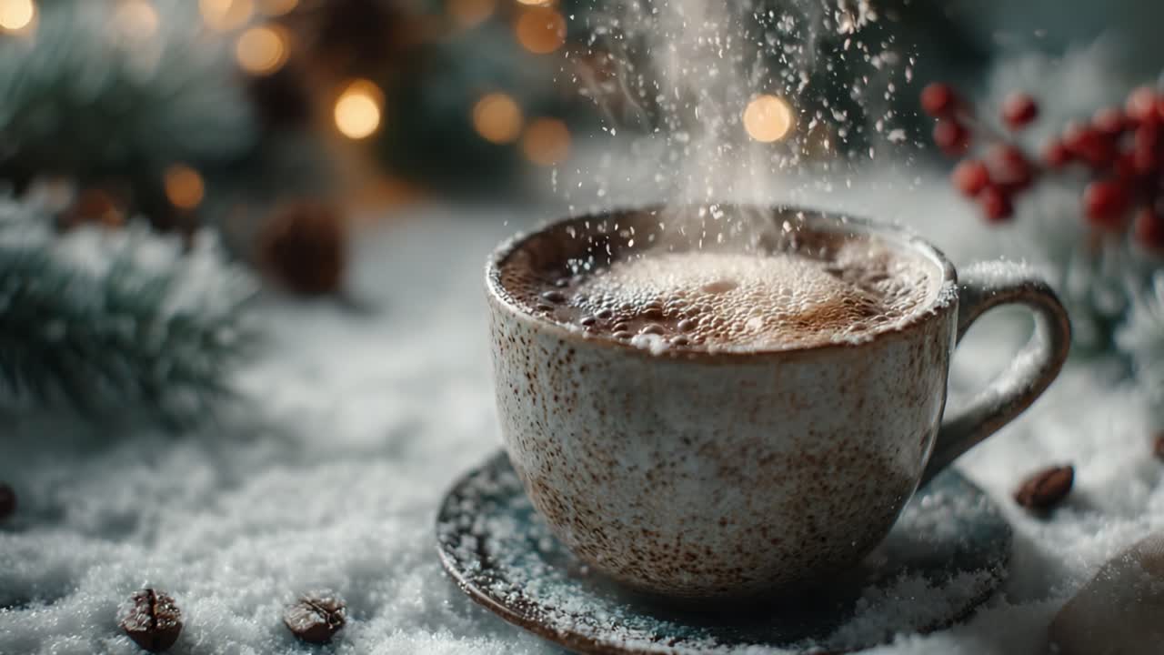 A Cozy Winter Scene Featuring a Warm Cup of Hot Chocolate Amidst Snowy Background with Sparkling Decor and Coffee Beans for a Festive Atmosphere