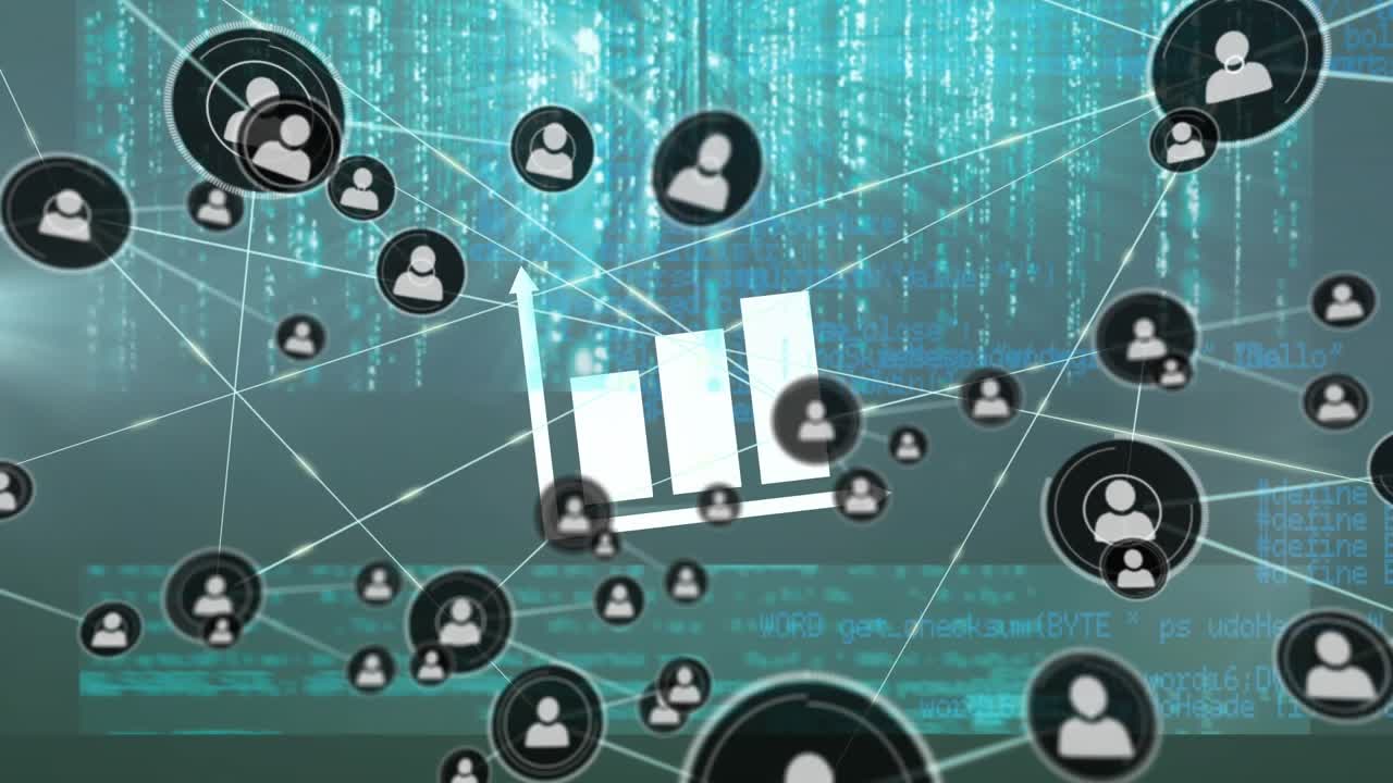 Animation of network of profile icons and screens with data processing against green background