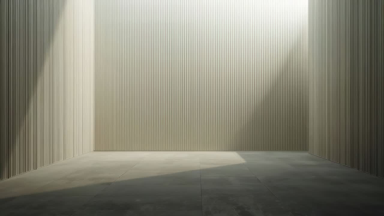 Fascio di luce mobile che entra dall'apertura in alto a destra, illuminando la stanza con listelli e pavimento e proiettando chiazze di luce