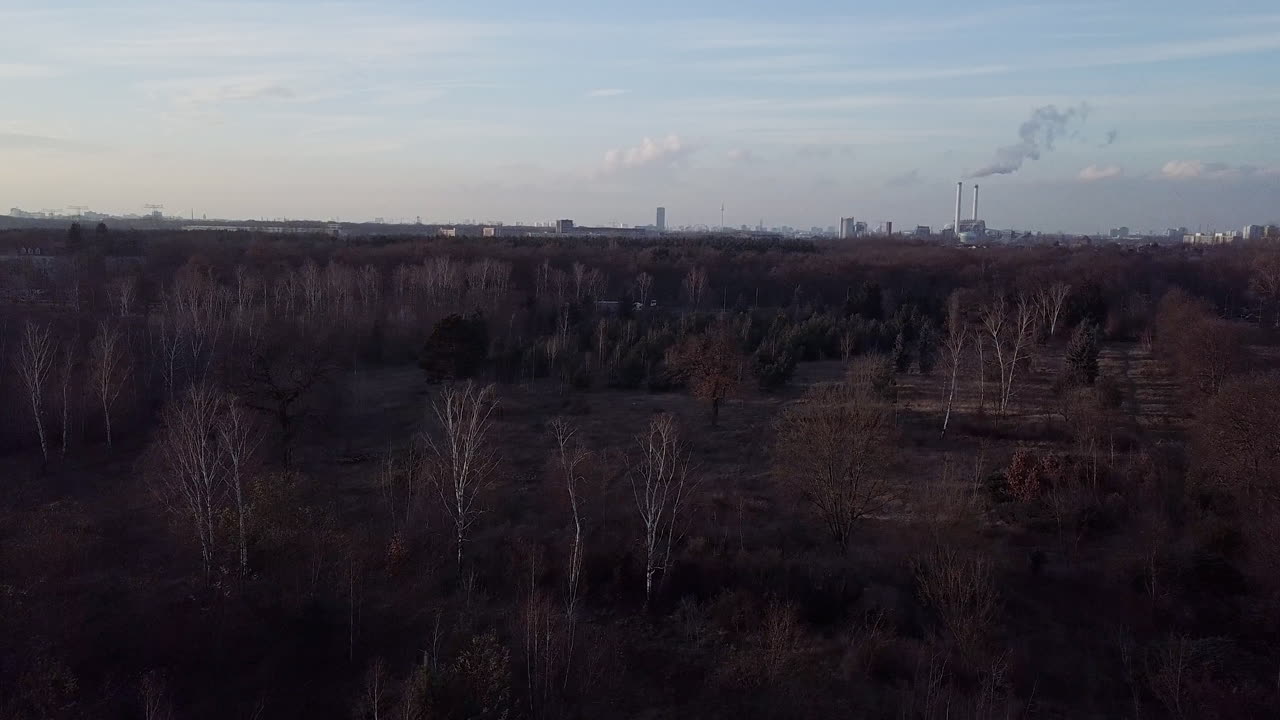 drone flying backward above a park in Berlin heading towards the skyline