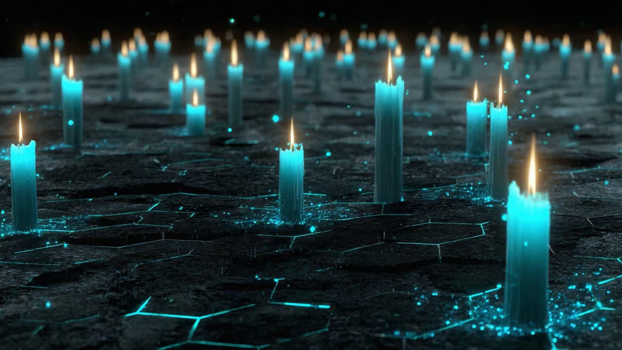 A mesmerizing arrangement of glowing teal candles illuminating a dark, hexagonal-patterned surface, creating an enchanting and tranquil ambiance in a mysterious setting