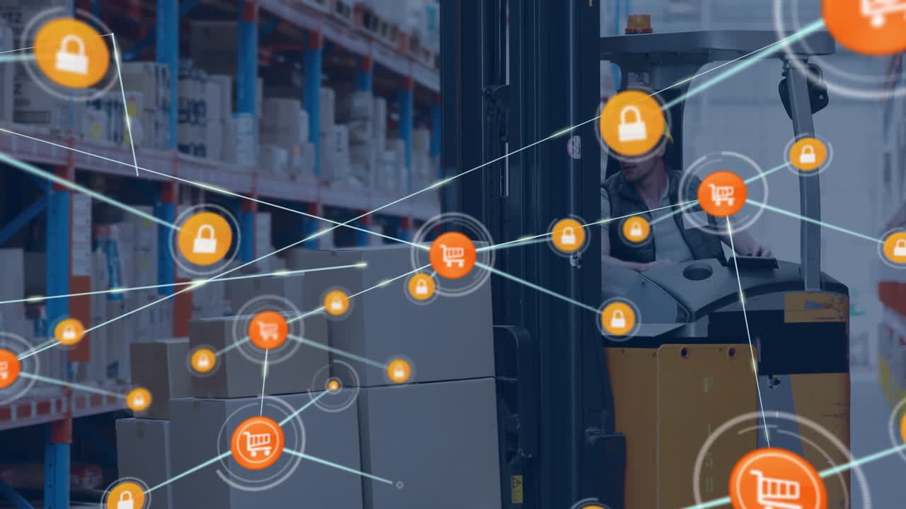 animación de la red de conexiones con íconos sobre el hombre en el almacén