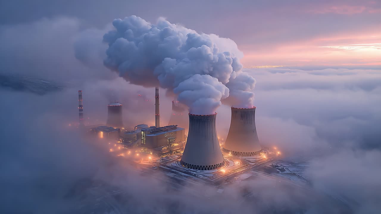 Aerial View of a Power Plant Amidst Clouds at Dusk: Emitting Steam and Lighting Up the Surroundings with a Gentle Glow in the Twilight Sky