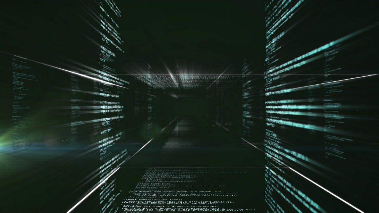 Animation of data processing over light trails on black background