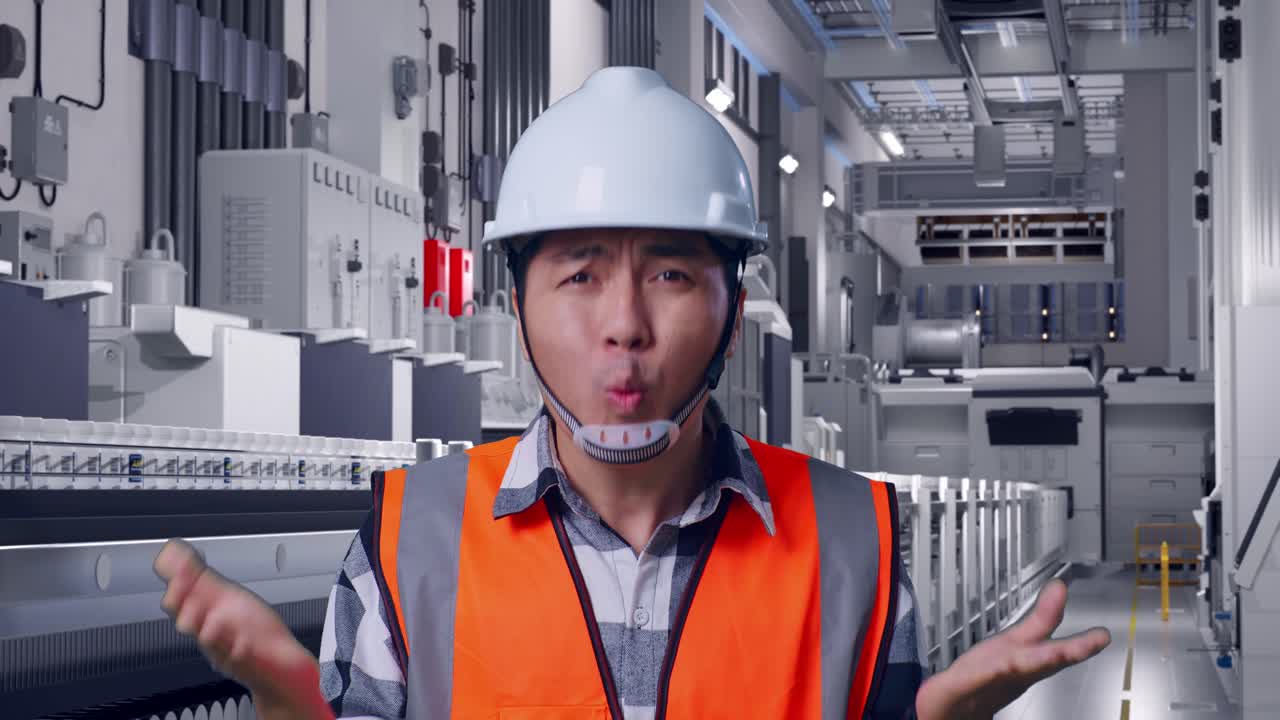 Close Up Of Wondering Asian Male Engineer With Safety Helmet Saying Why Working Doubtfully At Pharmaceutical Factory, Vaccine Production Facility