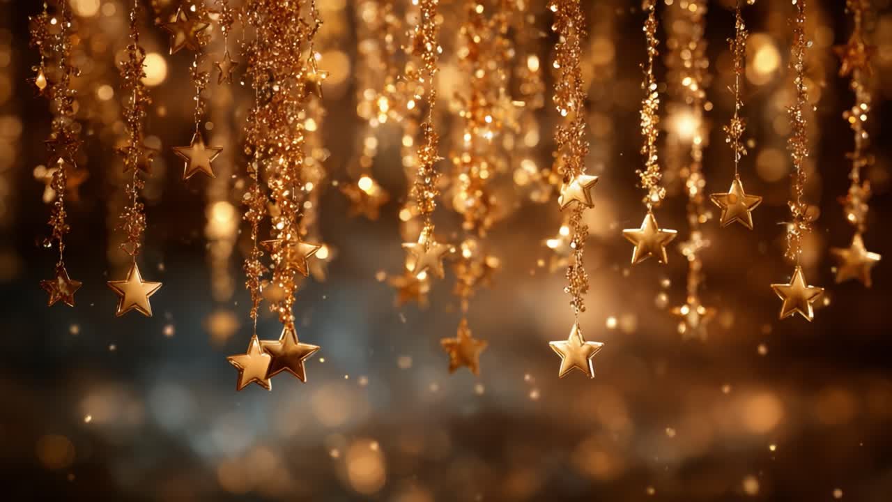 A Beautiful Display of Suspended Golden Stars Shimmering Against a Softly Blurred Background, Creating a Magical and Enchanting Atmosphere for Any Festive Occasion