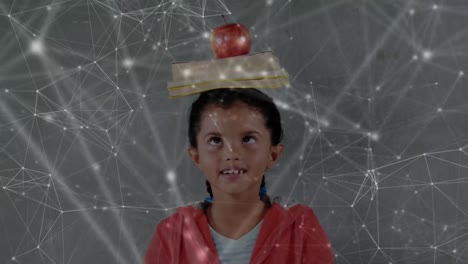Animation-of-a-girl-holding-books-on-head-over-a-web-of-connected-dots-in-the-background
