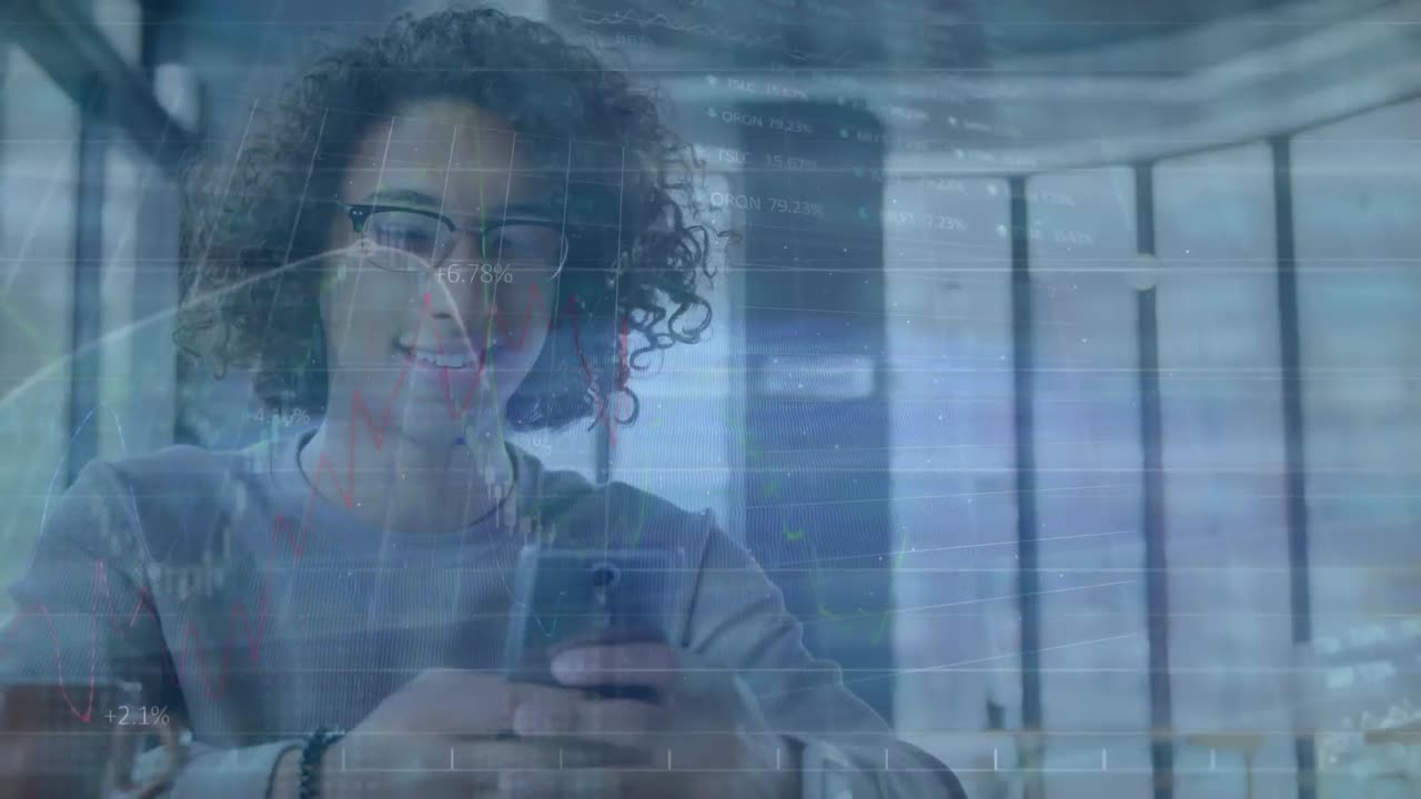Animation of data processing over biracial man using smartphone