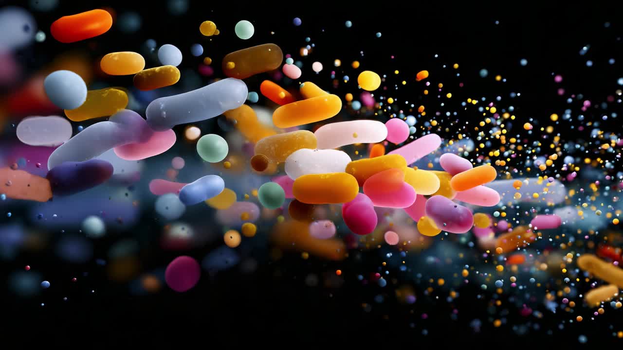 Dynamic Flow of Colorful Shapes in Motion Against a Dark Background: An Explosion of Abstract Forms Illustrating the Beauty of Movement and Vibrant Energy in a Captivating Visual Experience