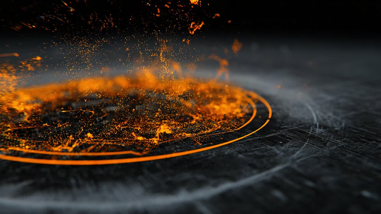 Dynamic Explosion of Orange Particles Emanating from a Circular Base, Creating a Vivid Visual Display of Energy and Motion on a Textured Surface