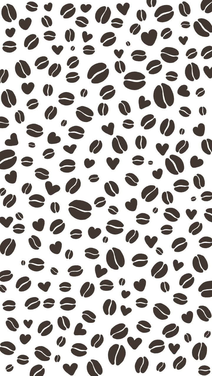 Sagome marrone scuro di chicchi di caffè e piccoli cuori sparsi casualmente su una superficie bianca. Forme solide. Animazione in loop. Video verticale