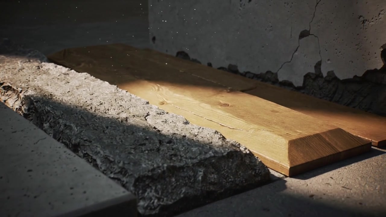 Shifting sunbeam revealing plank, tile, jagged concrete strip by cracked wall for material study