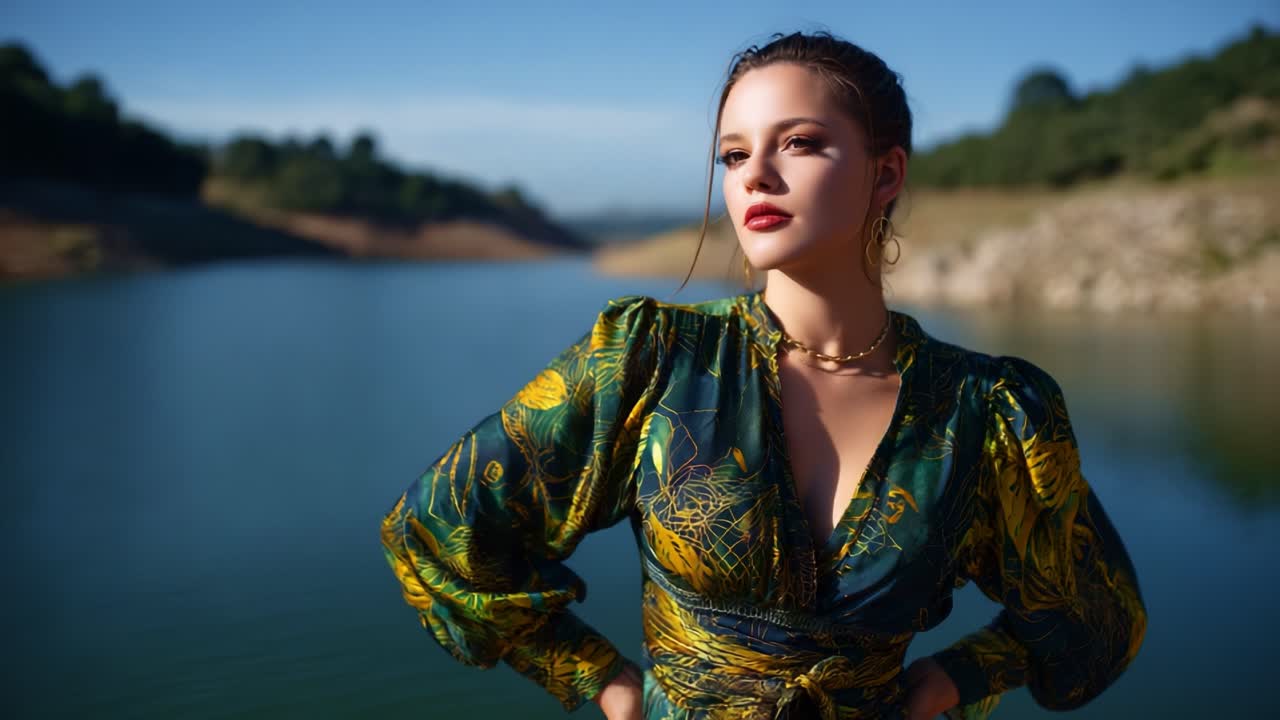 Elegant kvinna i färgstark klänning som poserar vid ett lugnt vattenlandskap med frodig grönska i bakgrunden, fångar naturlig skönhet och modekänsla i en livfull miljö
