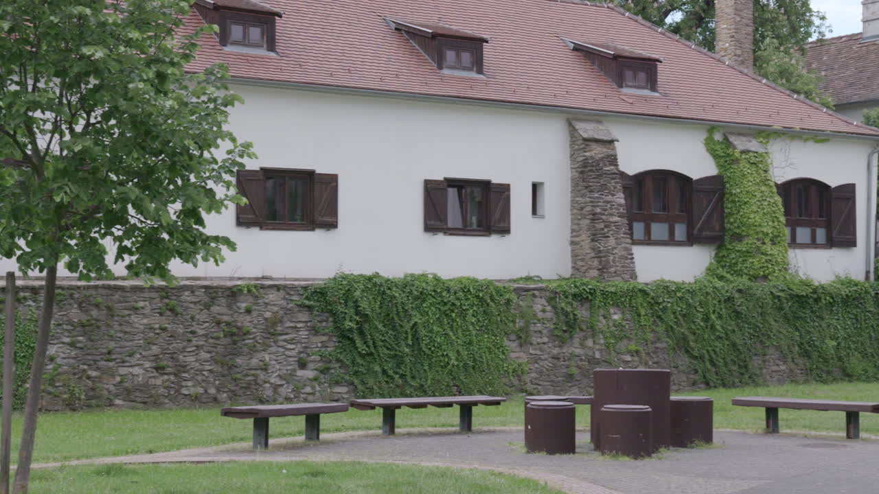 Panning view of ivy-covered historic building