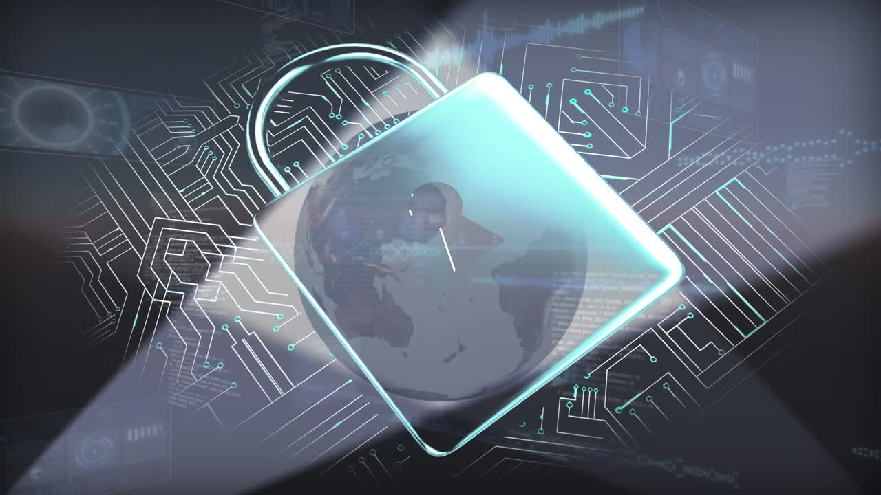 animación del icono del candado y el globo sobre el procesamiento de datos