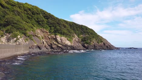 coastline of yakushima, pan across small harbor on summer day