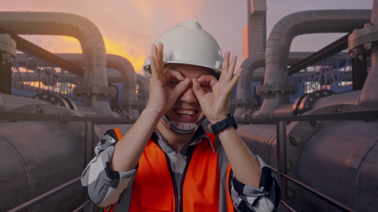Nærbillede af asiatisk mandlig ingeniør med sikkerhedshjelm, der viser OK-håndtegn over øjet og smiler til kameraet, mens han står foran et industrielt rørnetværk ved solnedgang